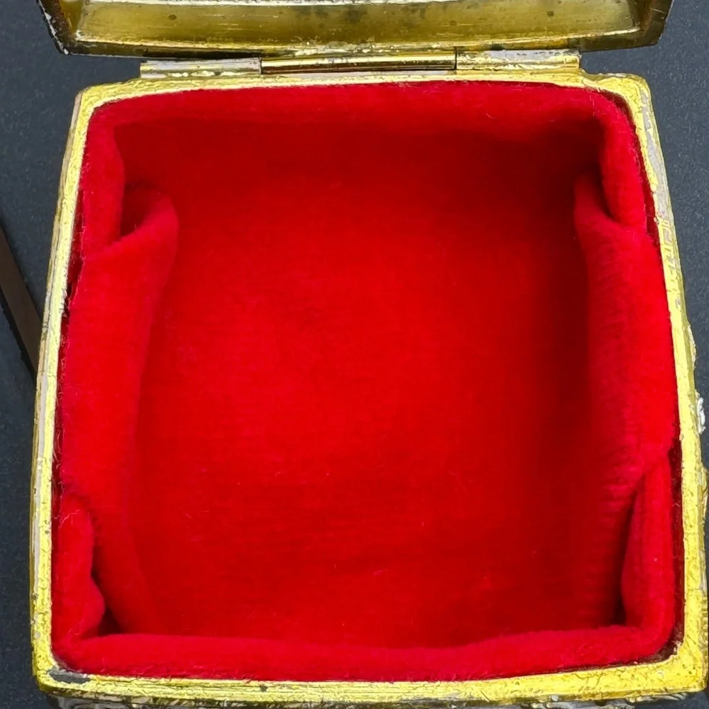 Vintage Footed Square Metal Jewelry Trinket Box Red Velvet Lined Japan